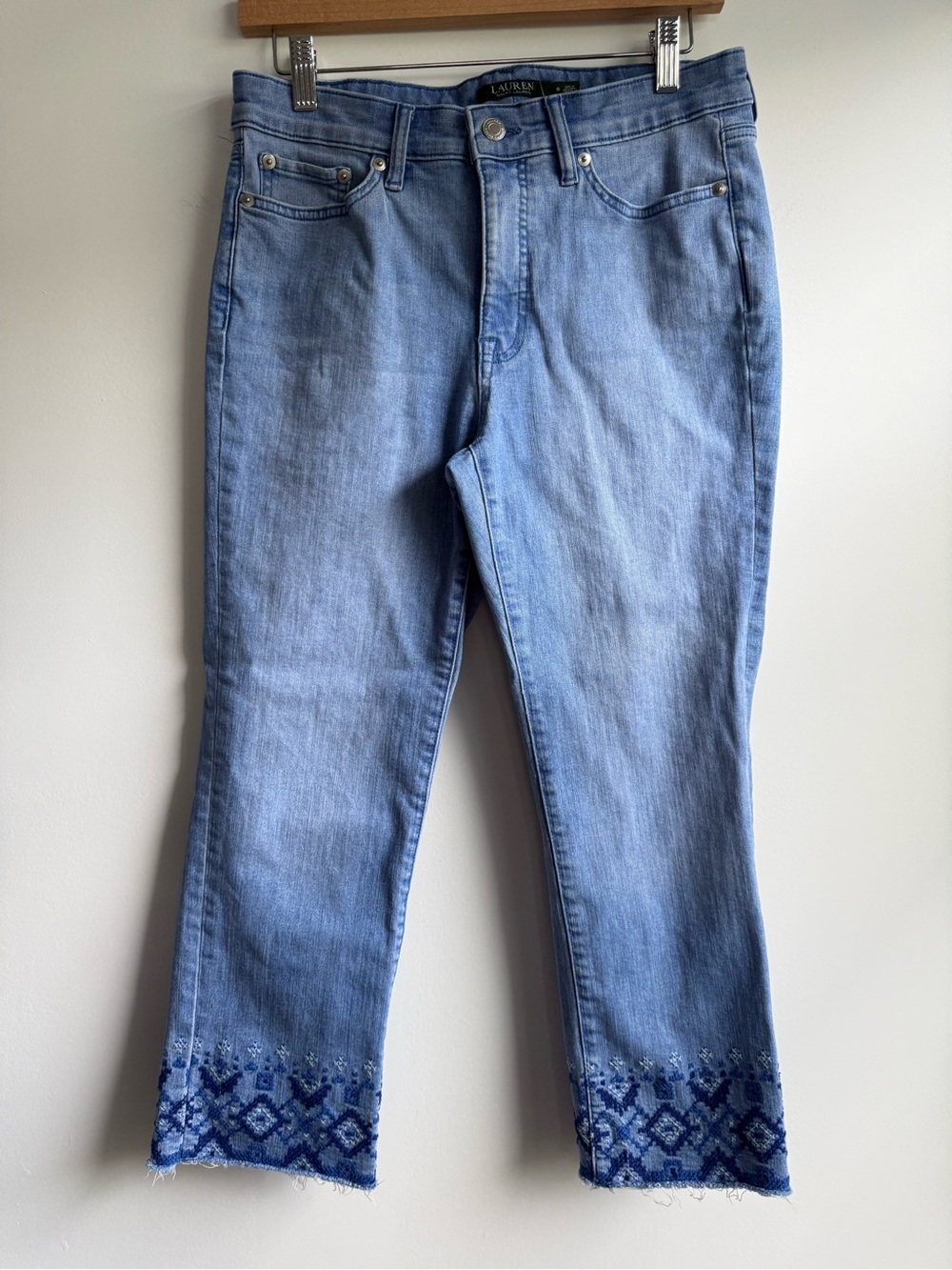 Ralph Lauren Light Blue Cropped Jeans with Embroidered Hem